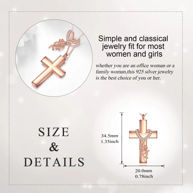 Sterling Silver with Rose Gold Plated Cubic Zirconia Rose & Cross Pendant Necklace-3