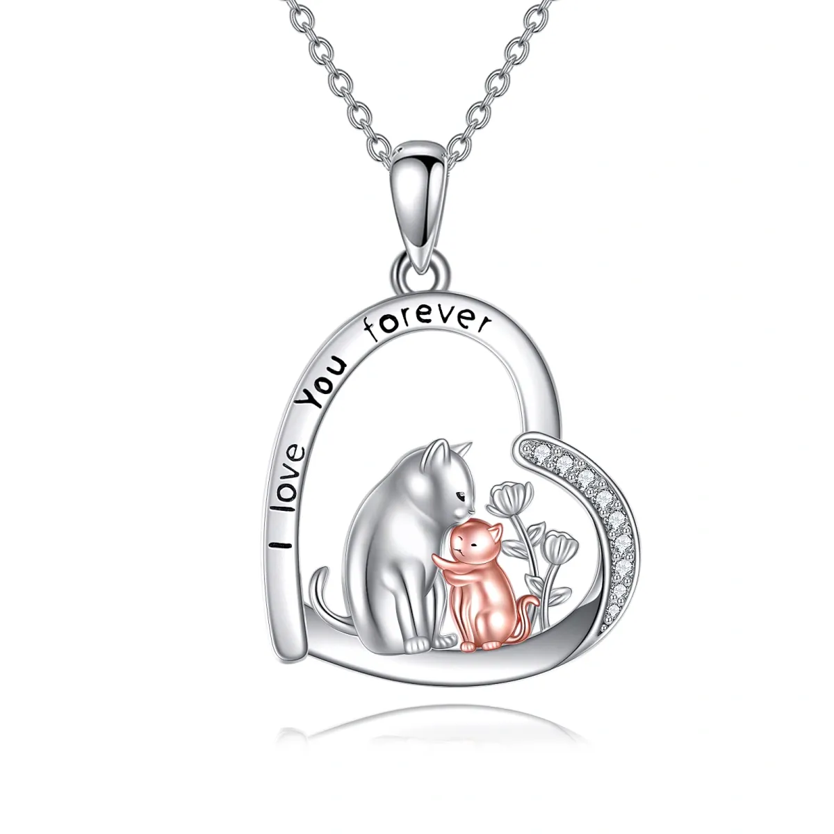 Sterling Silver Two-tone Circular Shaped Cubic Zirconia Cat & Heart Pendant Necklace with Engraved Word-1