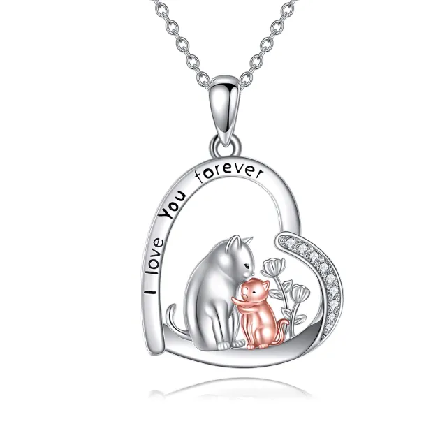 Sterling Silver Two-tone Circular Shaped Cubic Zirconia Cat & Heart Pendant Necklace with Engraved Word-0