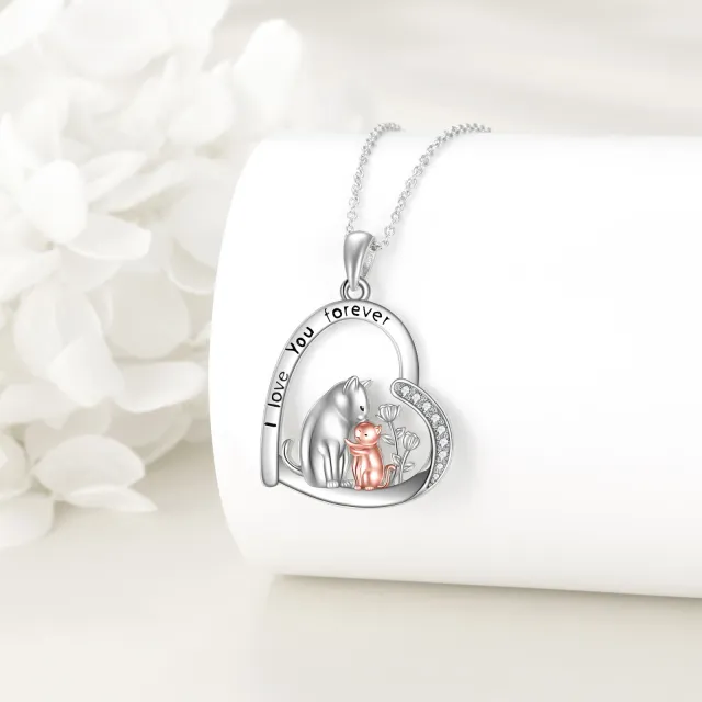 Sterling Silver Two-tone Circular Shaped Cubic Zirconia Cat & Heart Pendant Necklace with Engraved Word-2