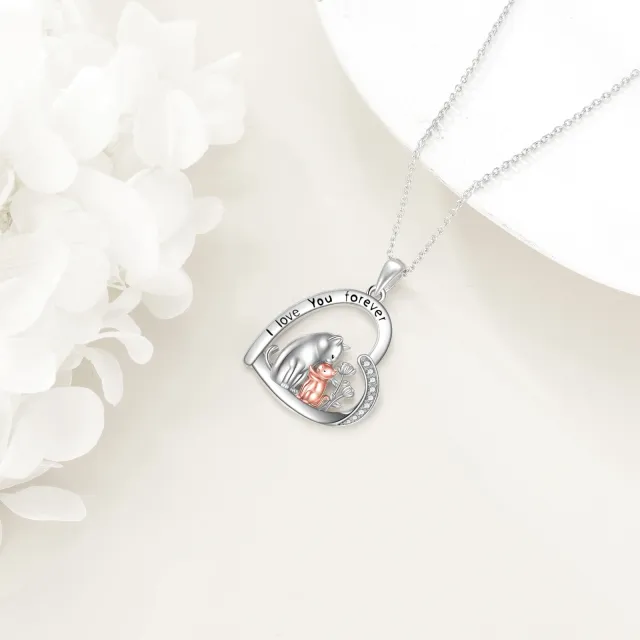 Sterling Silver Two-tone Circular Shaped Cubic Zirconia Cat & Heart Pendant Necklace with Engraved Word-3
