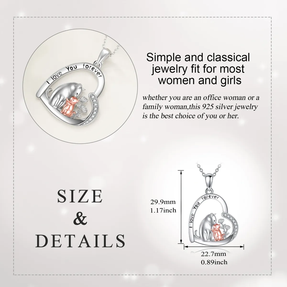 Sterling Silver Two-tone Circular Shaped Cubic Zirconia Cat & Heart Pendant Necklace with Engraved Word-5