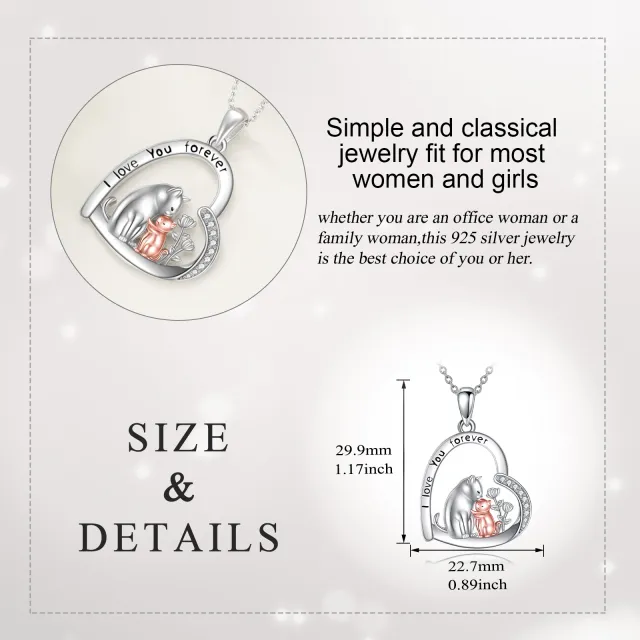 Sterling Silver Two-tone Circular Shaped Cubic Zirconia Cat & Heart Pendant Necklace with Engraved Word-4