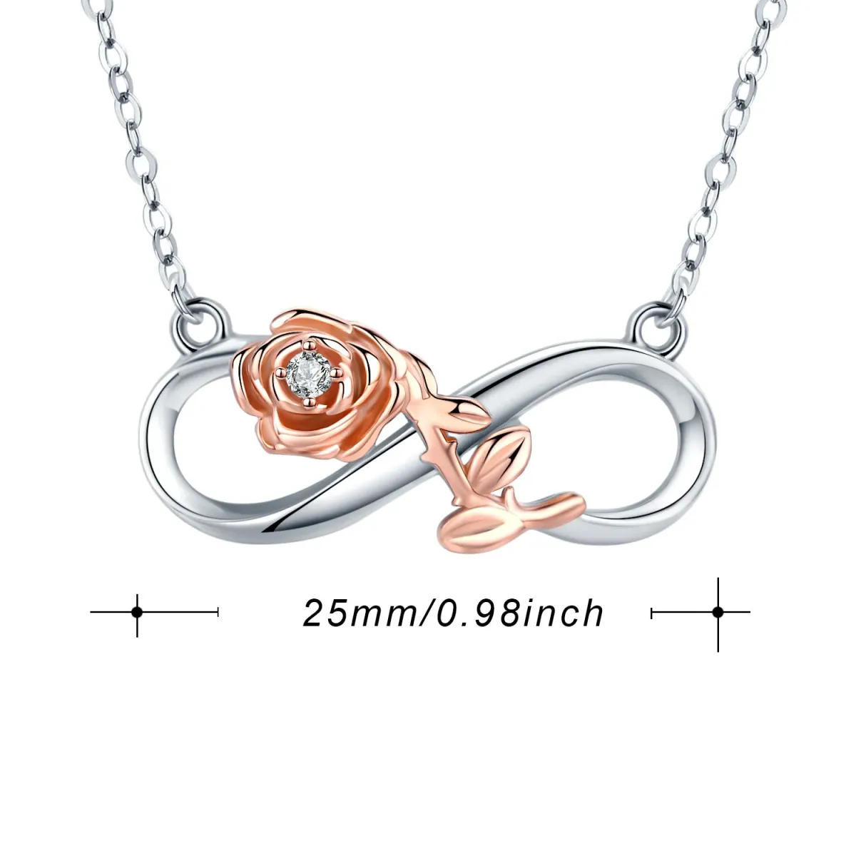 Sterling Silver Two-tone Circular Shaped Cubic Zirconia Rose & Infinity Symbol Pendant Necklace-1