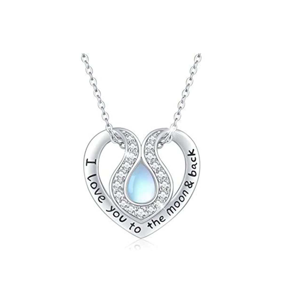 Sterling Silber birnenförmig Mondstein Herz Anhänger Halskette mit eingraviertem Wort-1