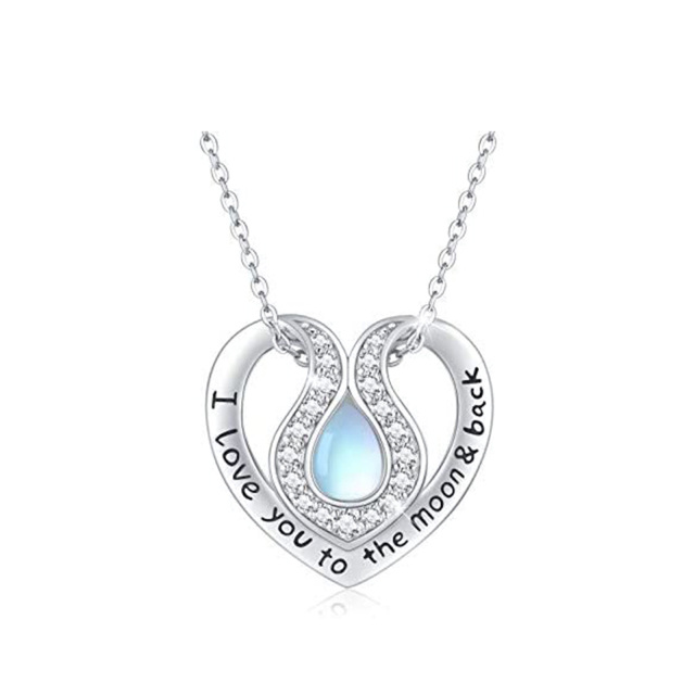 Sterling Silver Pear Shaped Moonstone Heart Pendant Necklace with Engraved Word-0
