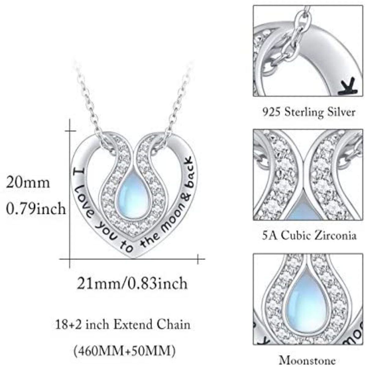 Sterling Silver Pear Shaped Moonstone Heart Pendant Necklace with Engraved Word-4