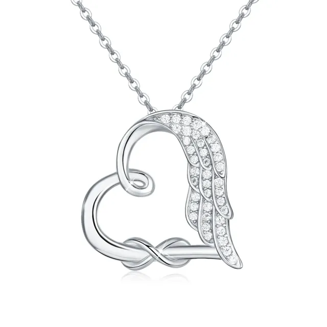 Sterling Silver Circular Shaped Cubic Zirconia Angel Wing & Heart Pendant Necklace-0