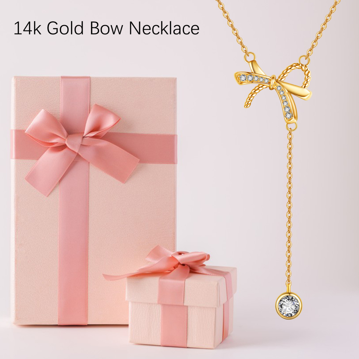 14K Gold Circular Shaped Cubic Zirconia Bow Non-adjustable Y-Necklace-6