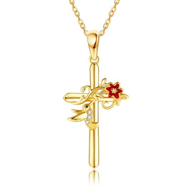 Collier en or 14K avec pendentif colibri et croix en zircon cubique-0