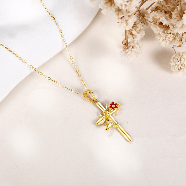 14K Gold Cubic Zirconia Hummingbird & Cross Pendant Necklace-2