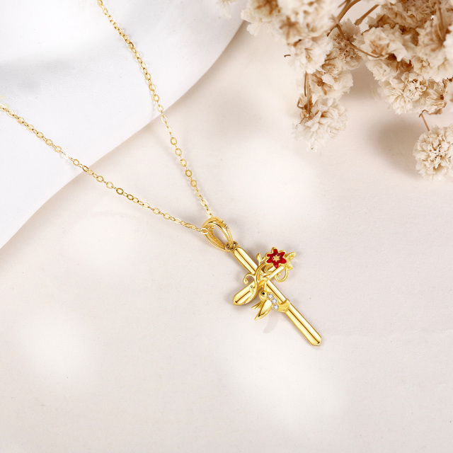 Collier en or 14K avec pendentif colibri et croix en zircon cubique-2