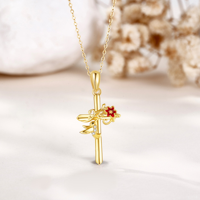 14K Gold Cubic Zirconia Hummingbird & Cross Pendant Necklace-3