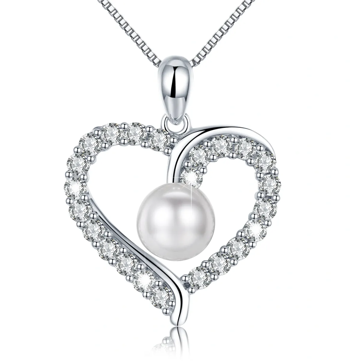 Sterling Silver Circular Shaped Pearl Heart Pendant Necklace-1