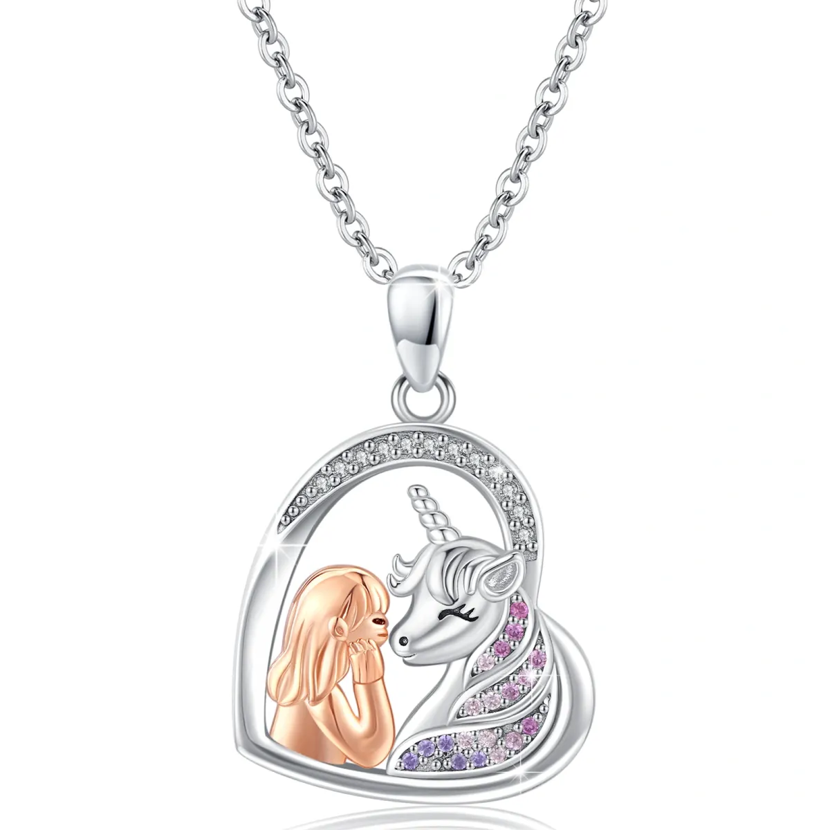 Sterling Silver Circular Shaped Zircon Heart & Unicorn Pendant Necklace-1
