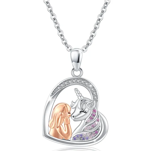 Sterling Silver Circular Shaped Zircon Heart & Unicorn Pendant Necklace-0