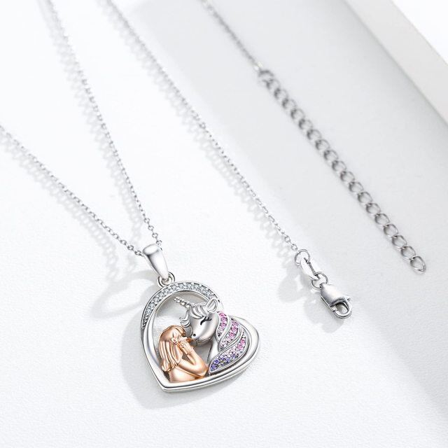 Sterling Silver Circular Shaped Zircon Heart & Unicorn Pendant Necklace-2