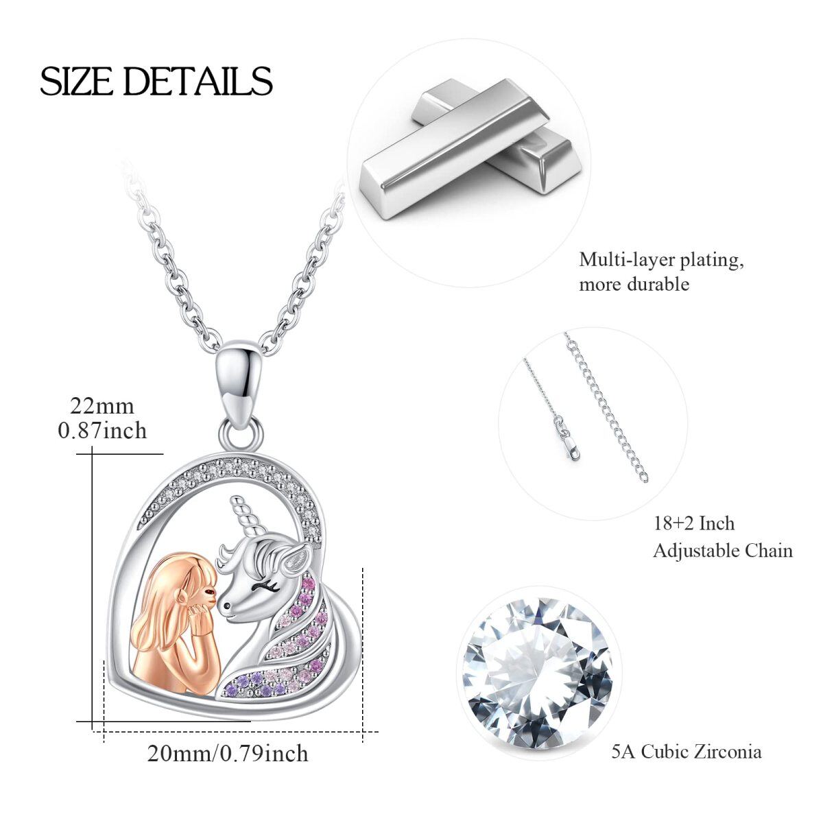 Sterling Silver Circular Shaped Zircon Heart & Unicorn Pendant Necklace-4