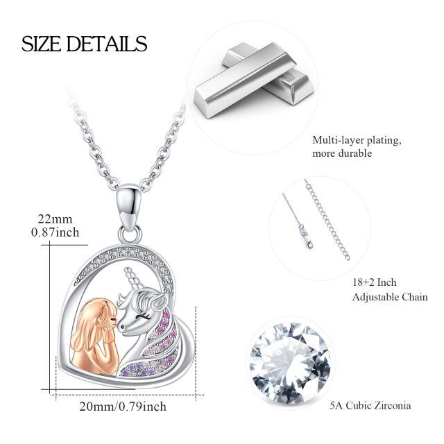 Sterling Silver Circular Shaped Zircon Heart & Unicorn Pendant Necklace-3