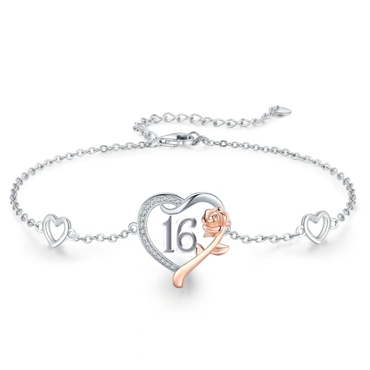 Bracelet en argent sterling avec pendentif rose et cœur bicolore-1