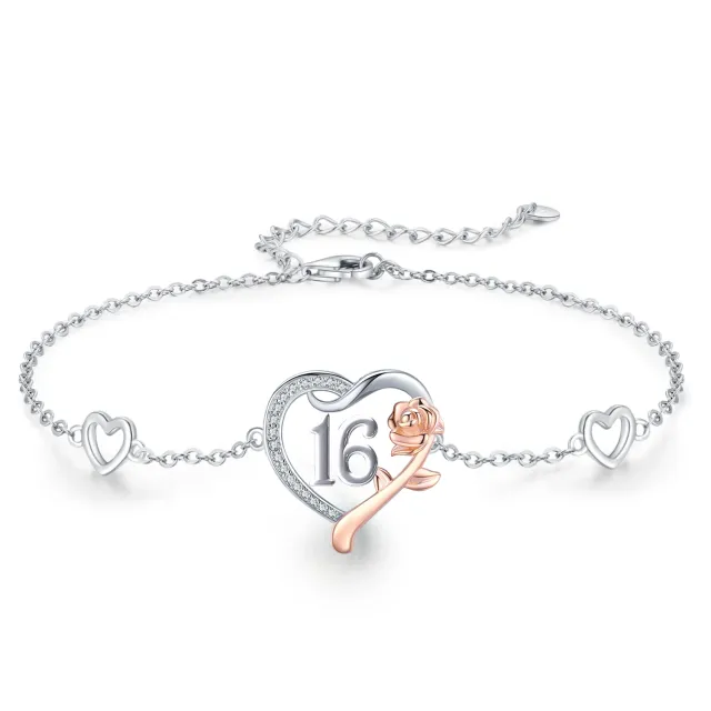 Sterling Silver Two-tone Rose & Heart Pendant Bracelet-0