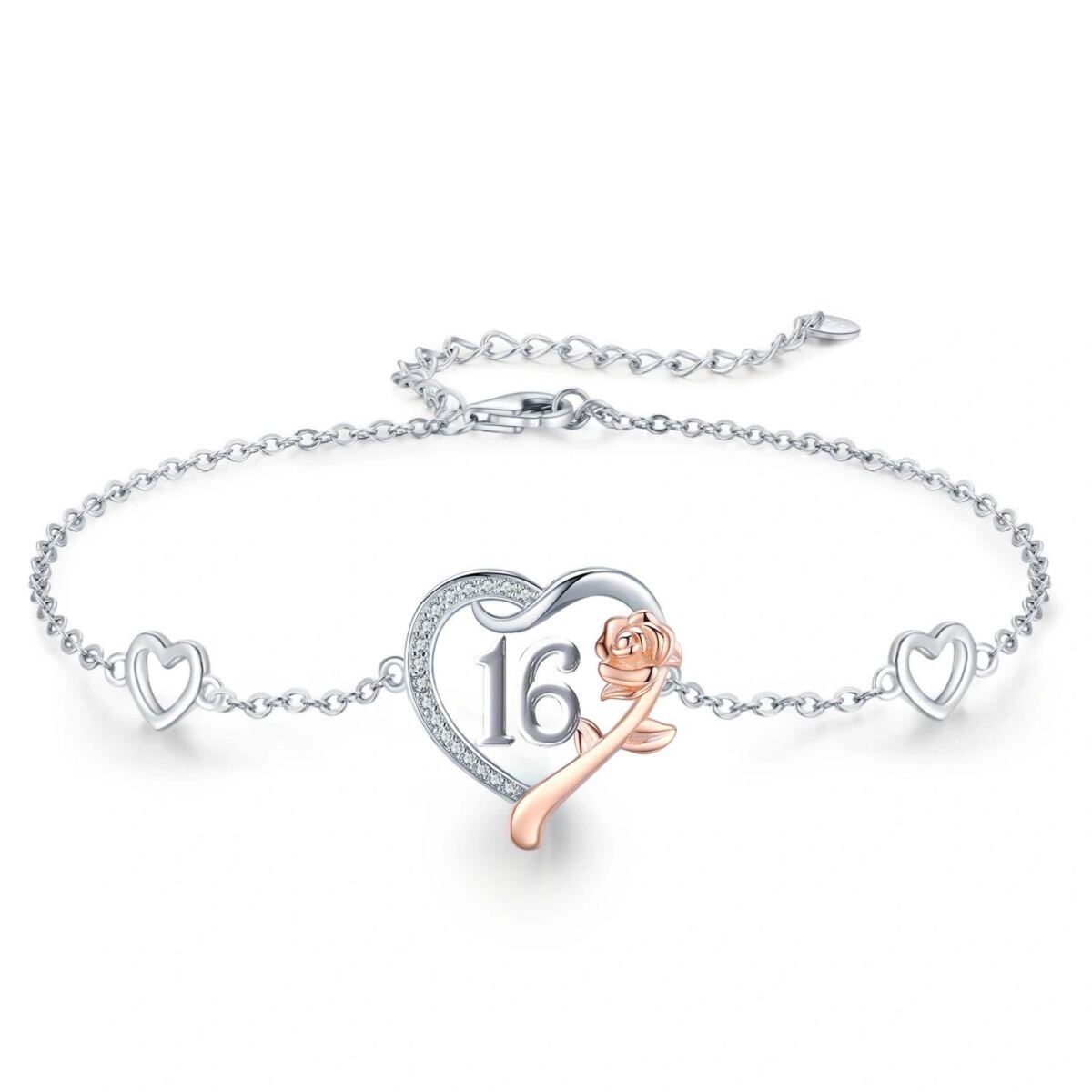 Bracelet en argent sterling avec pendentif rose et cœur bicolore-3