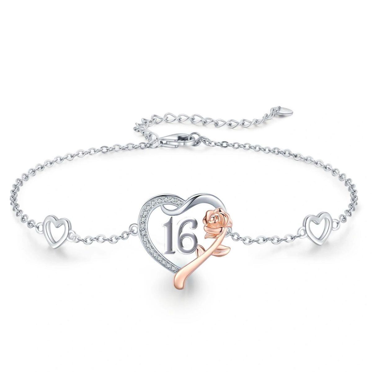 Pulsera Colgante Rosa y Corazón de Plata de Ley en Dos Tonos-3