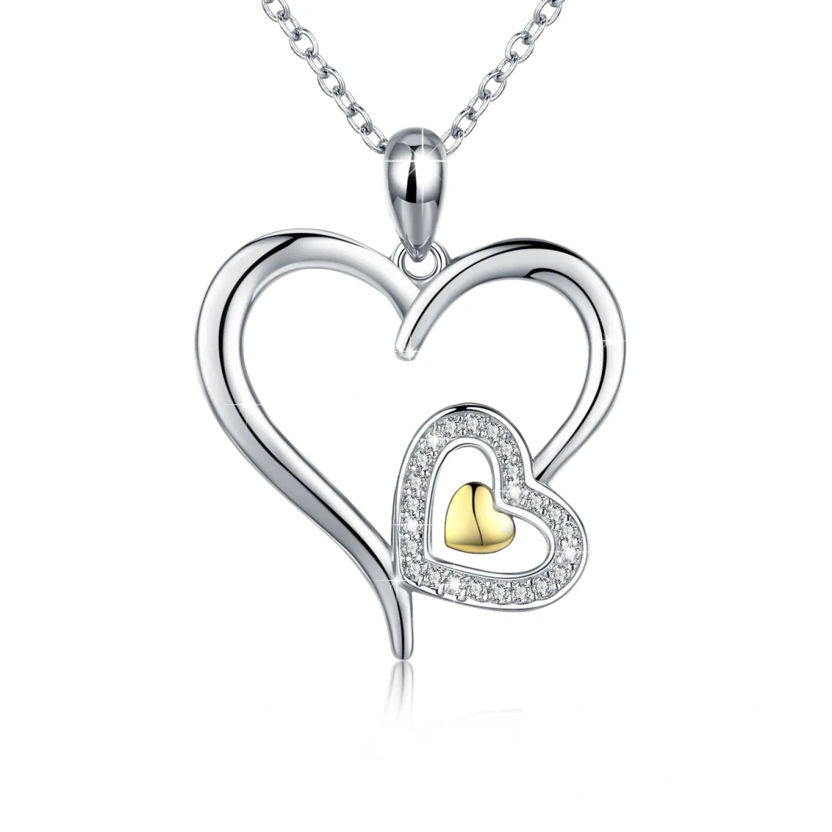 Sterling Silver Two-tone Circular Shaped Cubic Zirconia Heart & Heart With Heart Pendant Necklace-1