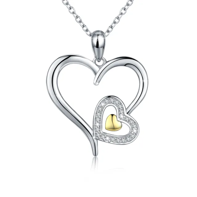 Sterling Silver Two-tone Circular Shaped Cubic Zirconia Heart & Heart With Heart Pendant Necklace-0