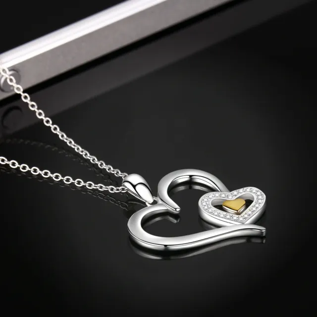 Sterling Silver Two-tone Circular Shaped Cubic Zirconia Heart & Heart With Heart Pendant Necklace-1