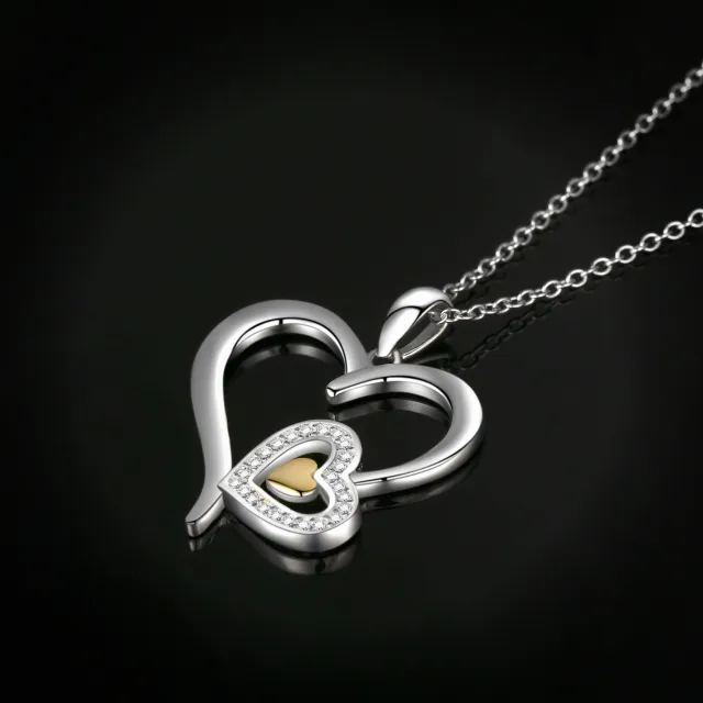 Sterling Silver Two-tone Circular Shaped Cubic Zirconia Heart & Heart With Heart Pendant Necklace-2