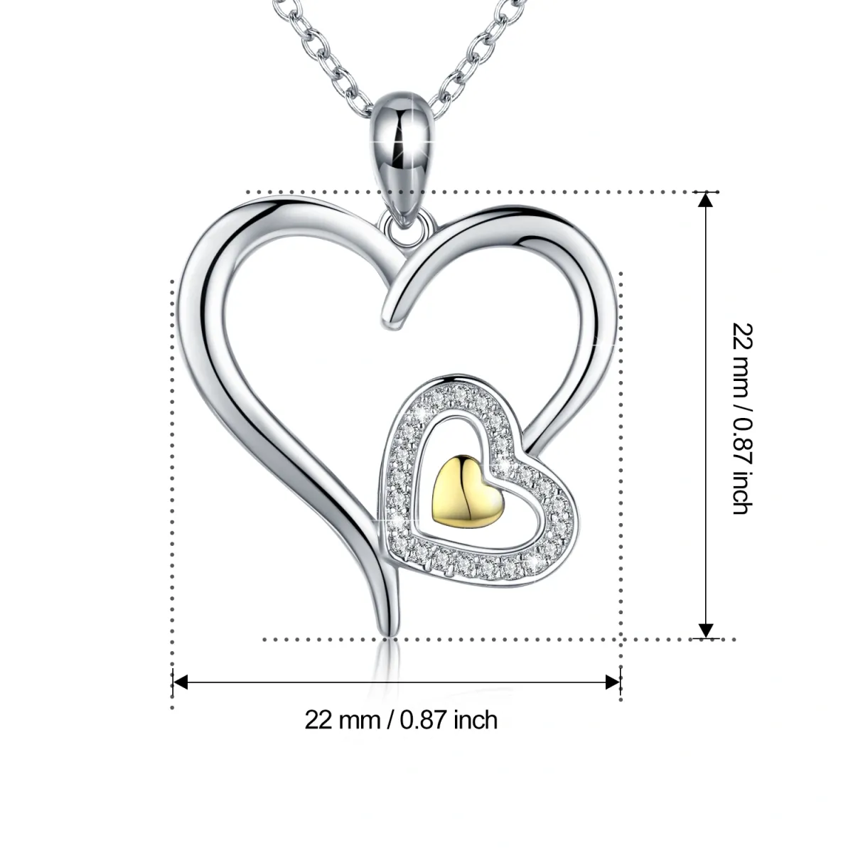 Sterling Silver Two-tone Circular Shaped Cubic Zirconia Heart & Heart With Heart Pendant Necklace-4