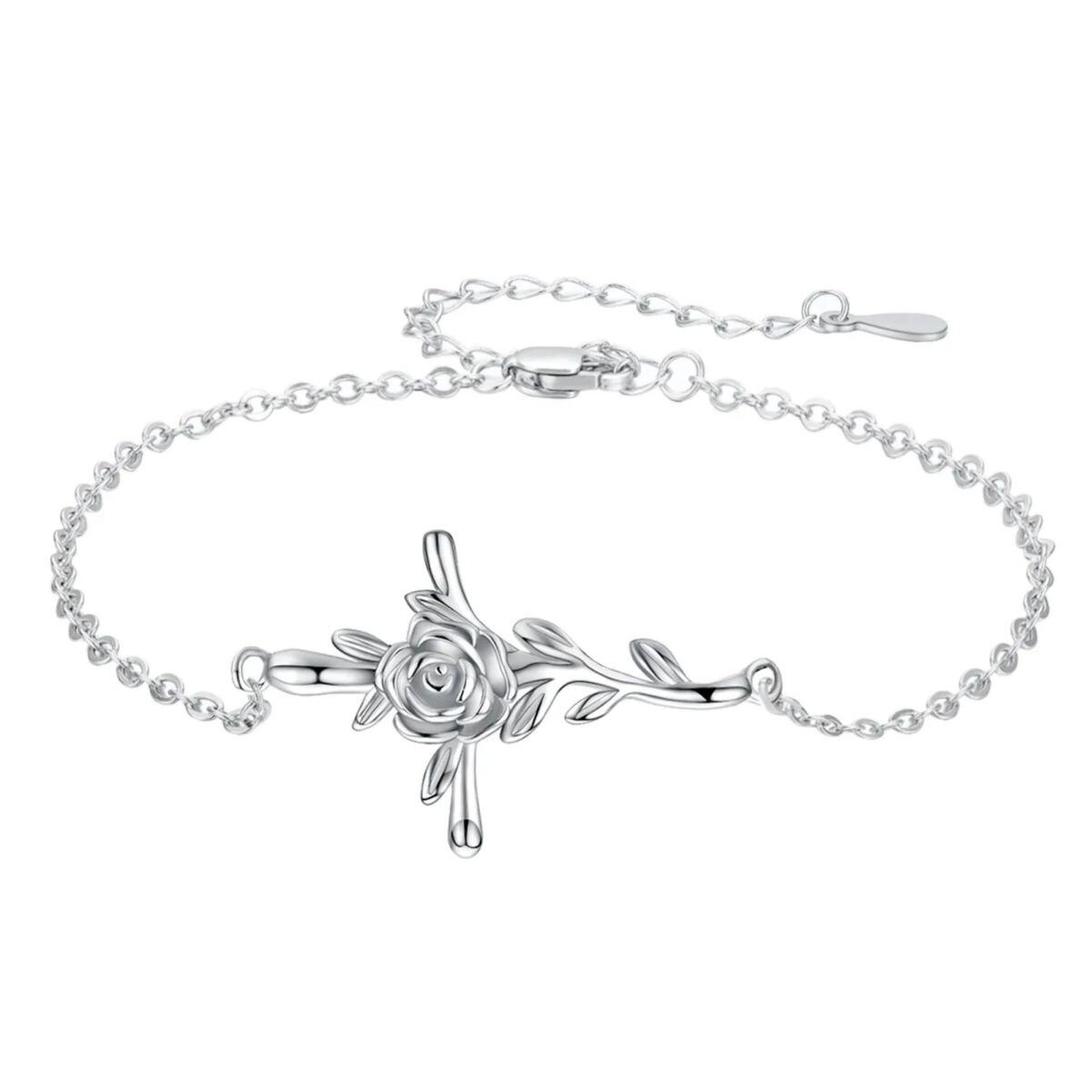 Sterling Silver Rose & Cross Pendant Bracelet-1