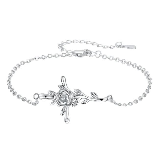 Sterling Silver Rose & Cross Pendant Bracelet-0