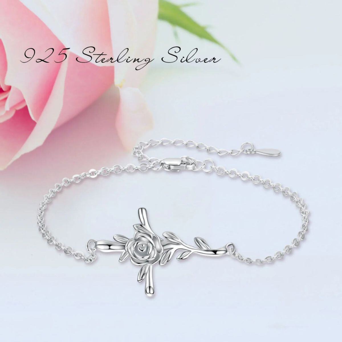 Sterling Silver Rose & Cross Pendant Bracelet-5