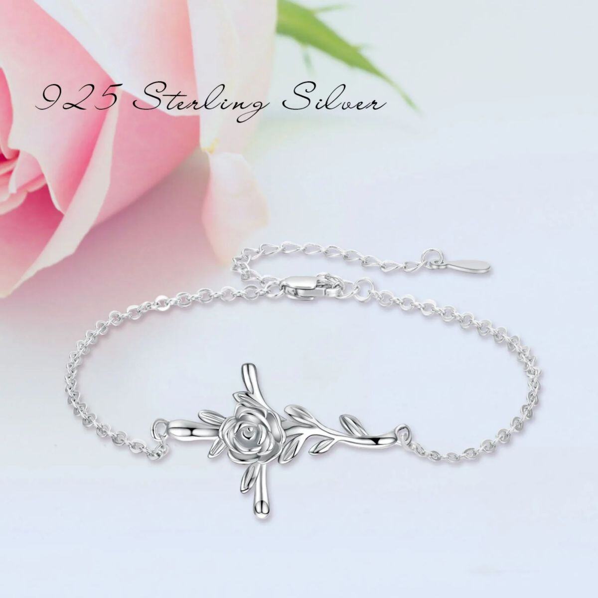 Sterling Silber Rose & Kreuz-Anhänger Armband-5