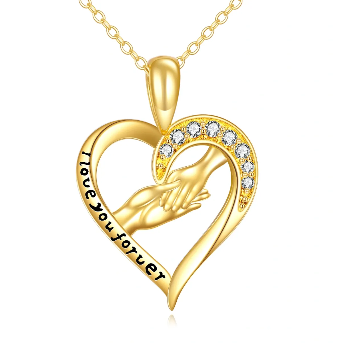 14K Gold Circular Shaped Cubic Zirconia Heart & Hold Hands Pendant Necklace with Engraved Word-1