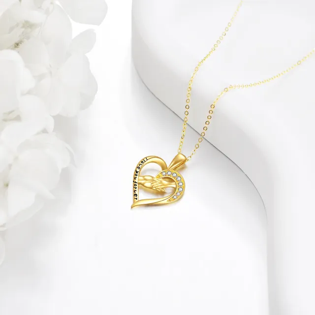 14K Gold Circular Shaped Cubic Zirconia Heart & Hold Hands Pendant Necklace with Engraved Word-2