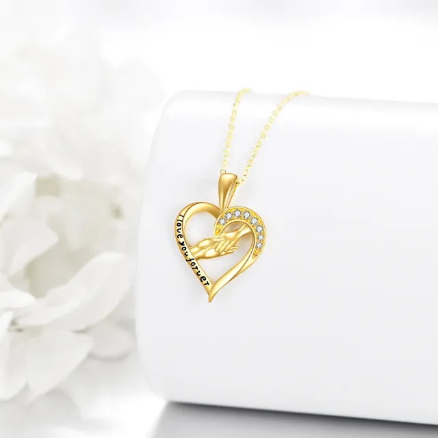 14K Gold Circular Shaped Cubic Zirconia Heart & Hold Hands Pendant Necklace with Engraved Word-3
