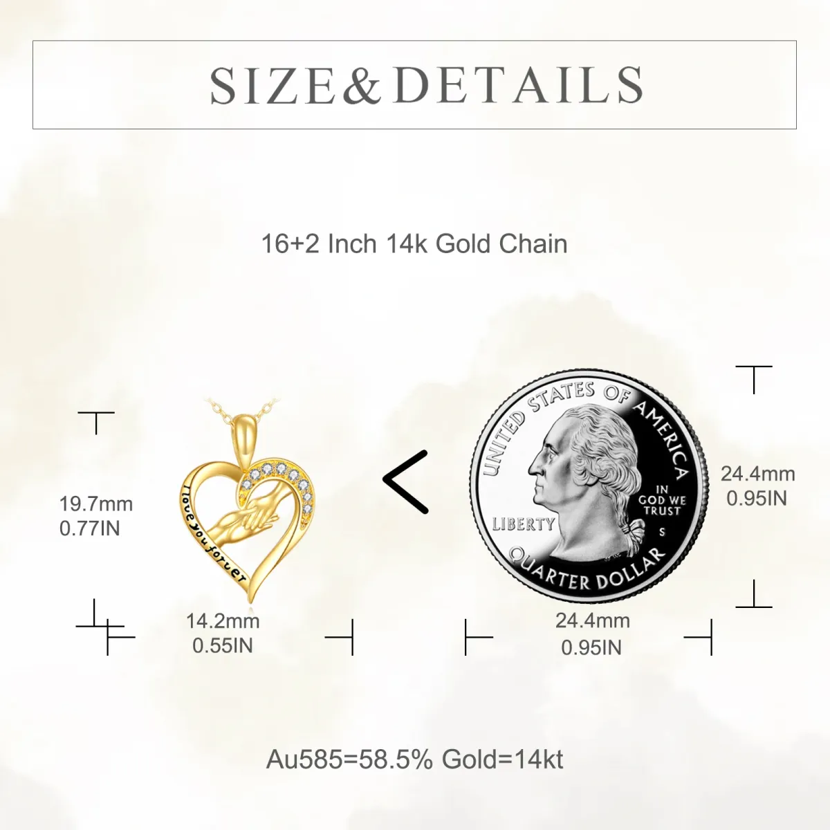 14K Gold Circular Shaped Cubic Zirconia Heart & Hold Hands Pendant Necklace with Engraved Word-5