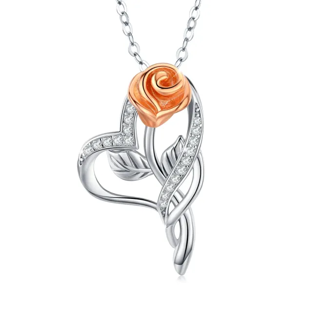 Sterling Silver Two-tone Circular Shaped Cubic Zirconia Rose & Heart Pendant Necklace-0