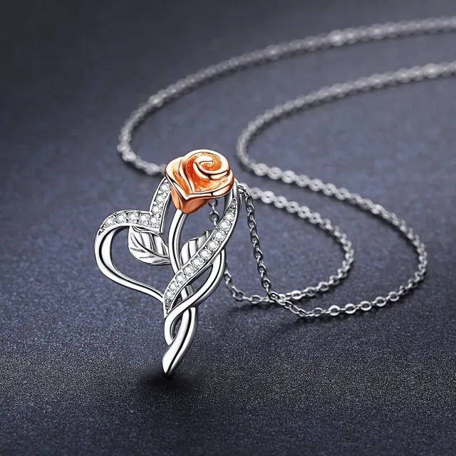 Collier en argent sterling avec pendentif rose et cœur en zircon cubique de forme circulai-2