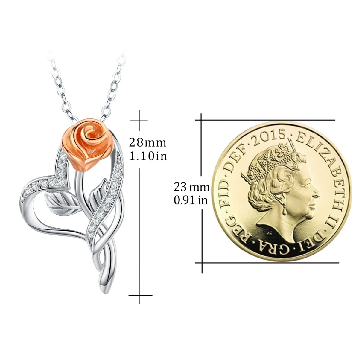 Sterling Silver Two-tone Circular Shaped Cubic Zirconia Rose & Heart Pendant Necklace-4