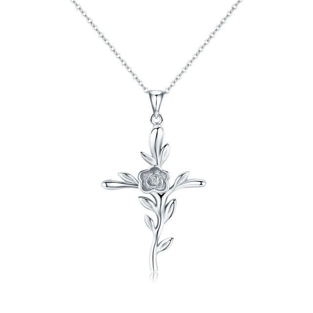 Sterling Silver Rose & Cross Pendant Necklace-0