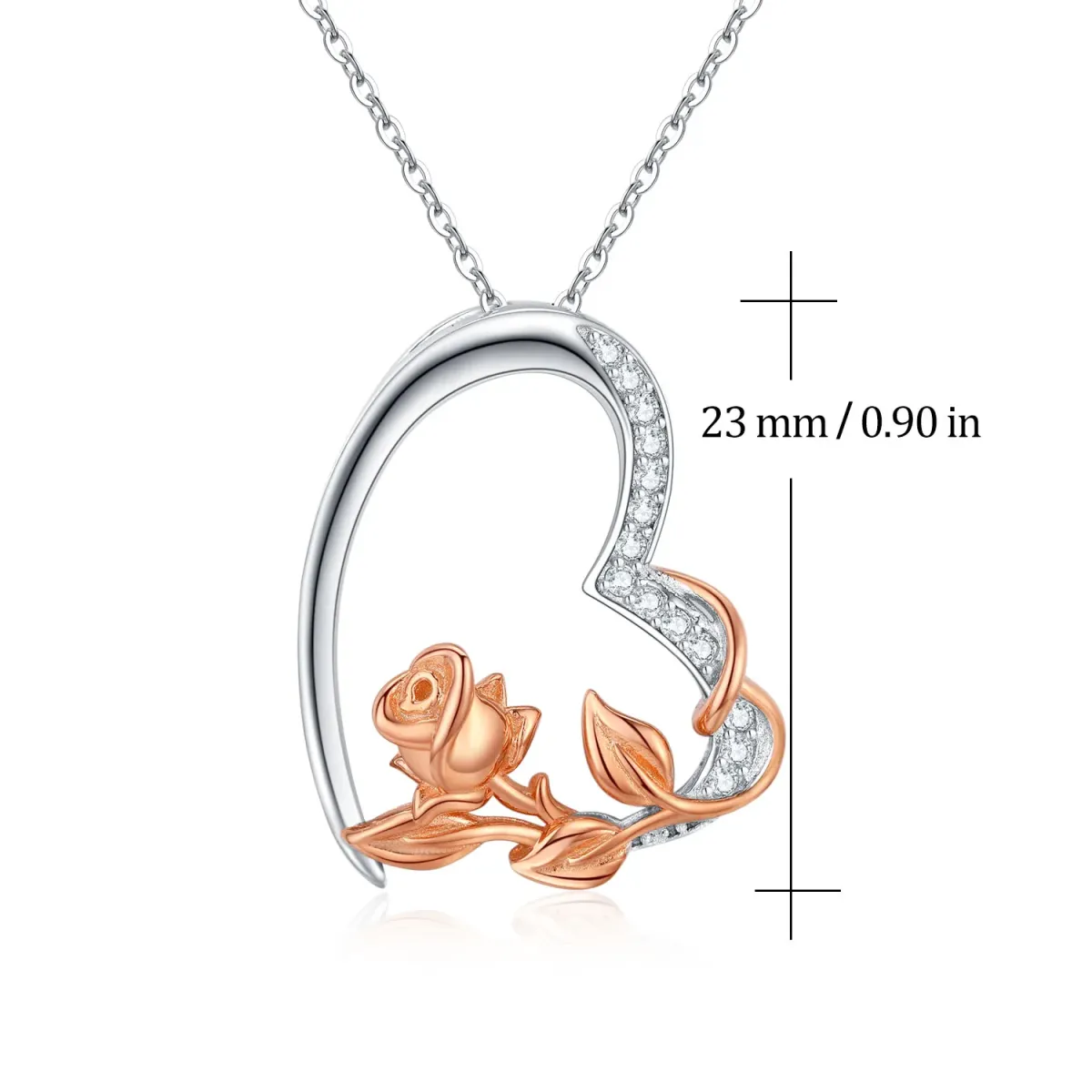 Sterling Silver Two-tone Circular Shaped Cubic Zirconia Rose & Heart Pendant Necklace-5