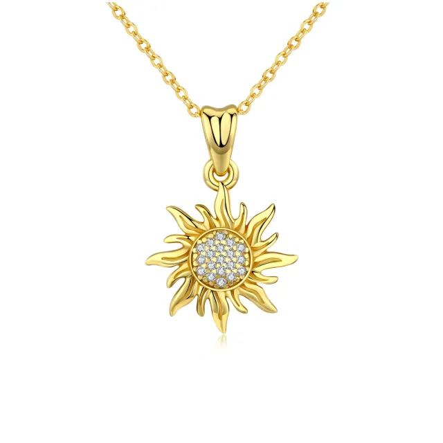 Sterling Silver with Yellow Gold Plated Circular Shaped Zircon Sunflower Pendant Necklace-0