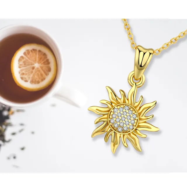 Sterling Silver with Yellow Gold Plated Circular Shaped Zircon Sunflower Pendant Necklace-2