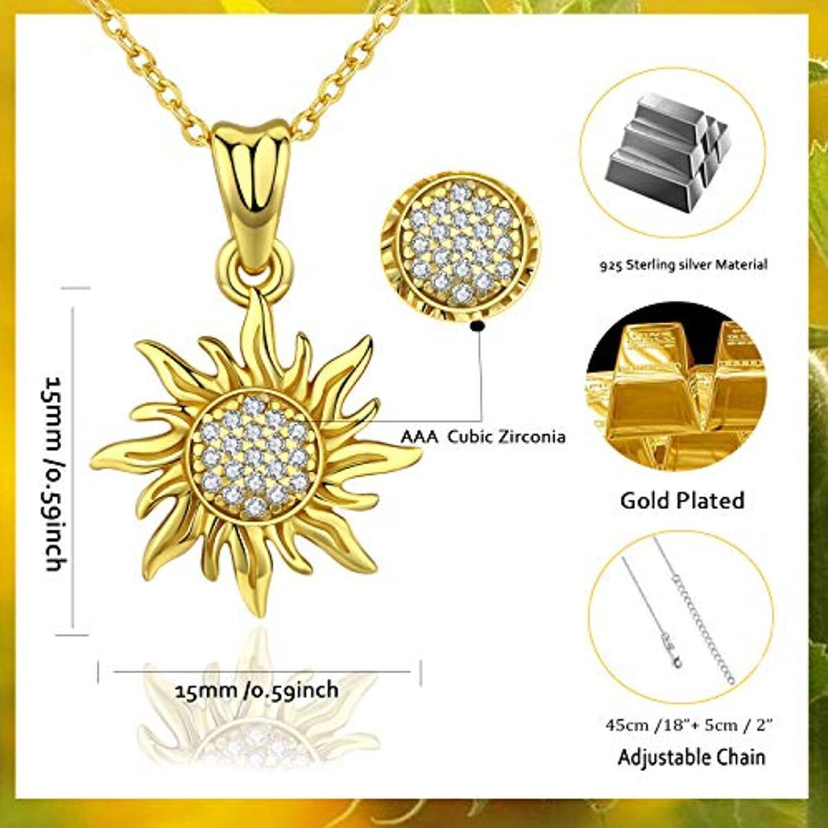 Sterling Silver with Yellow Gold Plated Circular Shaped Zircon Sunflower Pendant Necklace-5