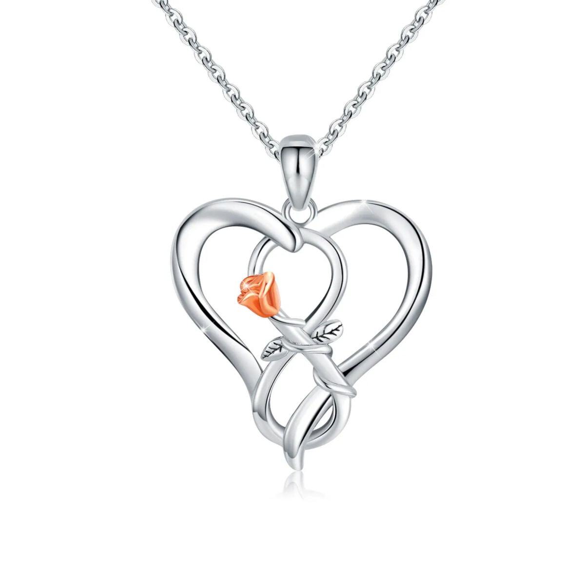 Sterling Silver Two-tone Rose & Heart Pendant Necklace-1