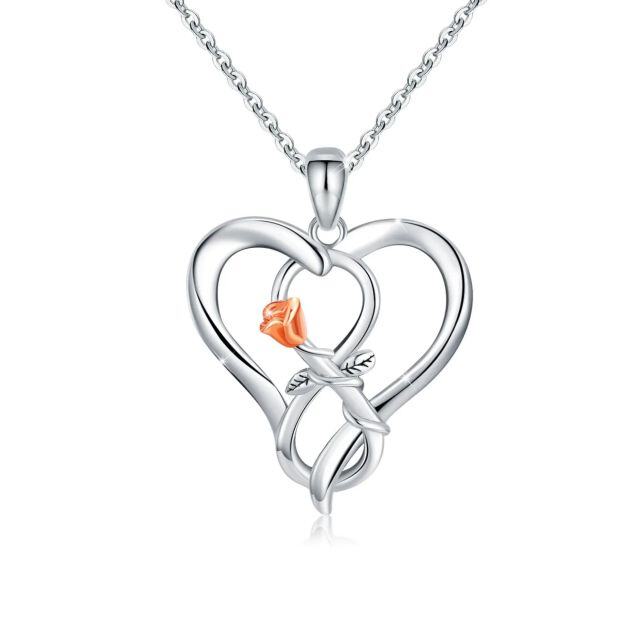 Sterling Silver Two-tone Rose & Heart Pendant Necklace-0
